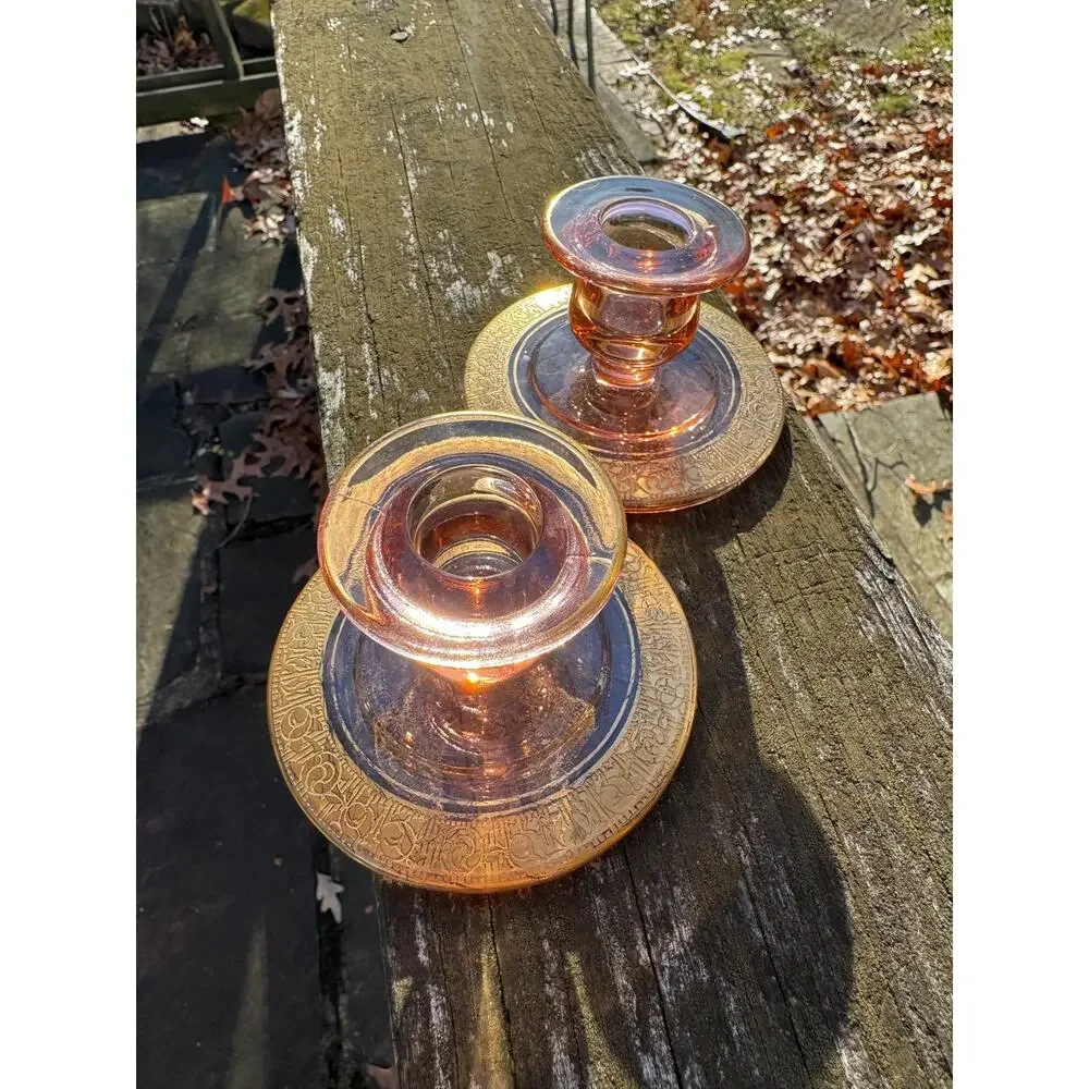 Vintage Pink Depression Glass Candle Holders Gold Rims